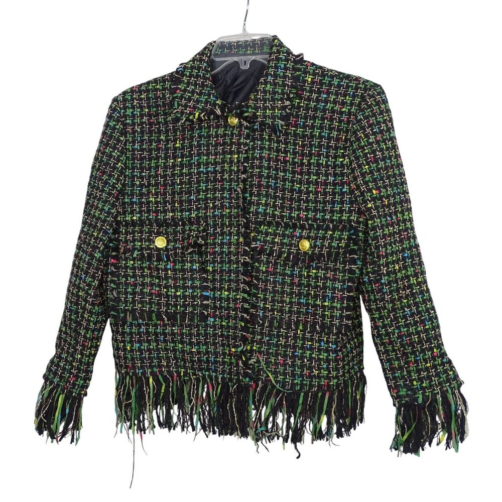 Black Multicolor Fringe Tweed Jacket Women Size M Long Sleeve Collared Work